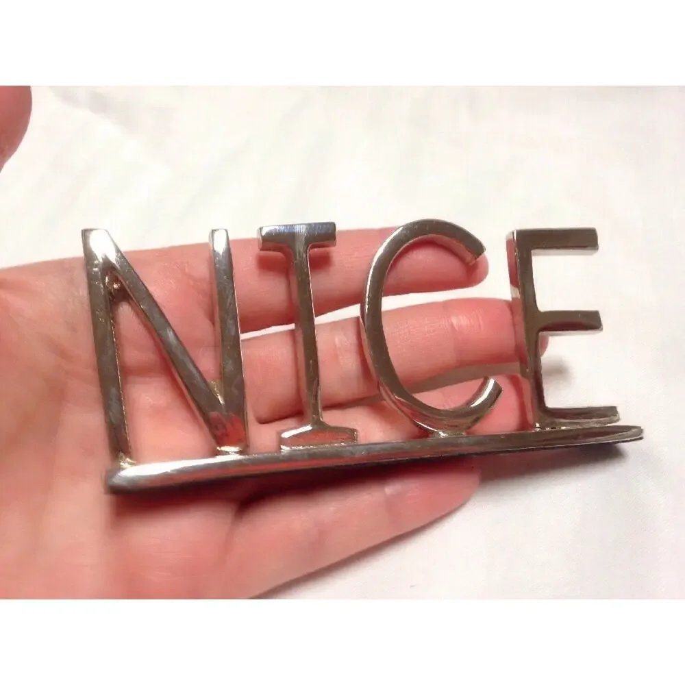 New NIB West Elm NICE Brass Word Object Shiny Silver Chrome Sign Decor w Box